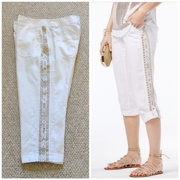 INC International Concepts Pants - INC embellished white linen capri pants sz 14